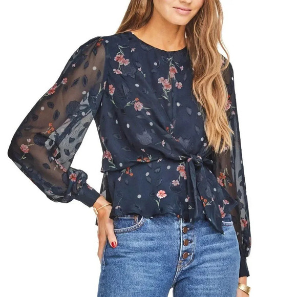 ASTR Paisley Blouse Navy Floral Dot Size Medium Sheer - Picture 1 of 9